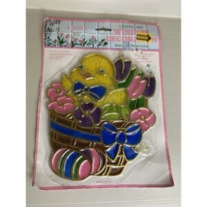 Vtg Easter Window Decoration Crystalline Chick in Basket Floral Stained Glass